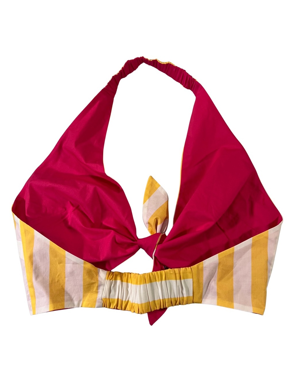 Striped Summer Yellow & White Reversible Hot Pink Tie-Front Crop Halter Top - Picture 2 of 7
